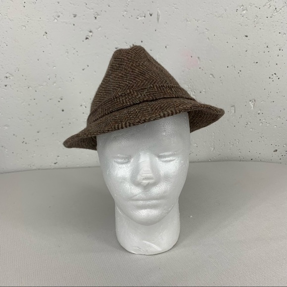 Vintage Dobbs Brown Herringbone Tweed Fedora Hat Size 7 1/4 - Picture 1 of 10